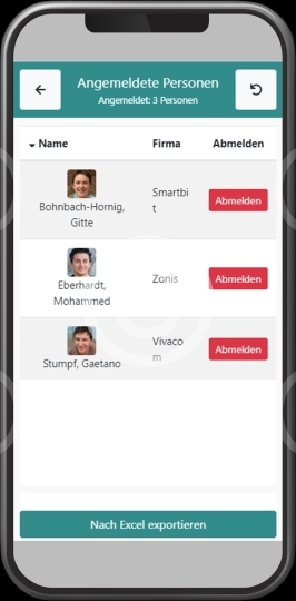 hse-IDENT, Screenshot,angemeldete Personen, mobile App, Smartphone, Webapp