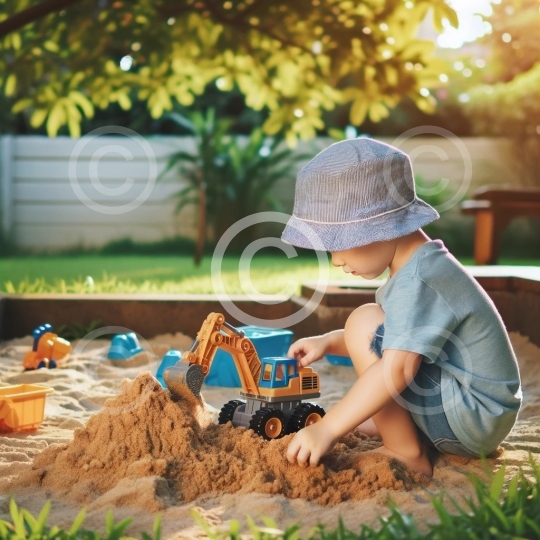 Kind im Sandkasten mit Plastik Bagger1