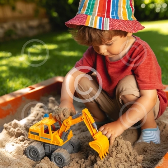 Kind im Sandkasten mit Plastik Bagger2
