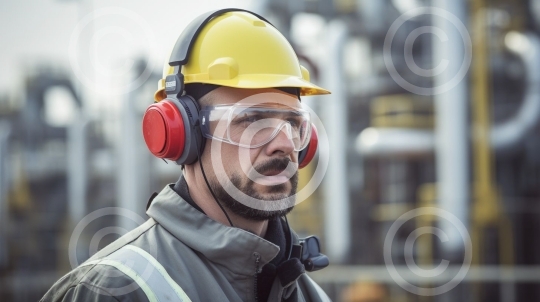 PSA: Mann mit Helm, Schutzbrille und Gehörschutz