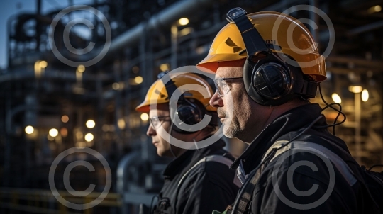 PSA: Männer mit Helmen, Schutzbrillen und Gehörschutz